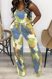 Colorful Yellow Fashion Tie Dye Sling Wide Leg Jumpsuits TD8039-1