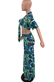Green Sexy Fashion Deep V Agaric Edge Print Long Skirt Two Piece TD80047