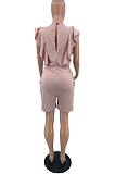 Khaki Casual Flounce Sleeveless Loose Round Neck Pure Color Romper Shorts TD8037