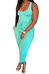 Sky Blue Women Sexy Vest Long Pants Waist Line Pure Color Pants Sets  SFM0272-8
