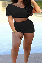 Bkack Fashion Casual Short Sleeve Shorts Two Poece TD8036-2