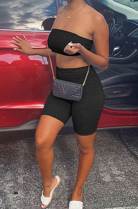 Black Trendy Casual Sexy Backless Carry Buttock Chest Wrap Shorts Sets ATE65002-3