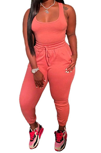 Pink Women Sexy Vest Long Pants Waist Line Pure Color Pants Sets  SFM0272-2