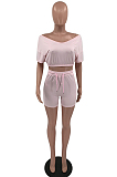 Pink Fashion Casual Short Sleeve Shorts Two Poece TD8036-1
