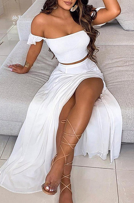 White  Summer Sexy Bohemia Print Boob Tube Top Long Skirts Two Piece SFM0232-4