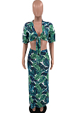 Green Sexy Fashion Deep V Agaric Edge Print Long Skirt Two Piece TD80047