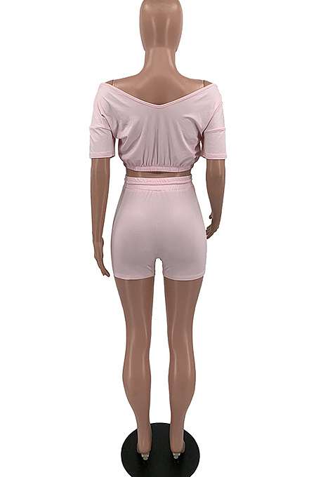 Pink Fashion Casual Short Sleeve Shorts Two Poece TD8036-1