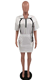 White Summer The Home Casual Zipper Half Sleeve Elastic Waist Solid Color Skirt TD8040-1