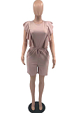 Khaki Casual Flounce Sleeveless Loose Round Neck Pure Color Romper Shorts TD8037