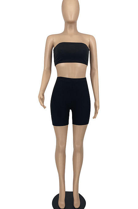 Black Trendy Casual Sexy Backless Carry Buttock Chest Wrap Shorts Sets ATE65002-3