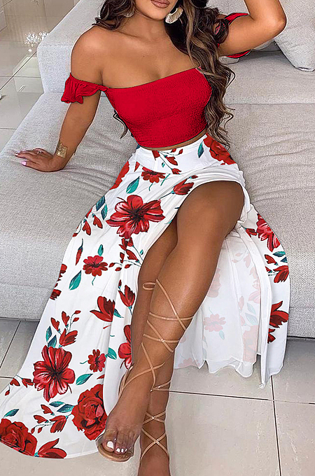 Red Flower Summer Sexy Bohemia Print Boob Tube Top Long Skirts Two Piece SFM0232-1