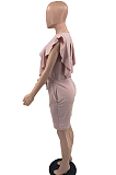 Khaki Casual Flounce Sleeveless Loose Round Neck Pure Color Romper Shorts TD8037