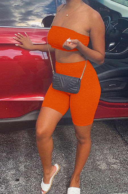 Orange Trendy Casual Sexy Backless Carry Buttock Chest Wrap Shorts Sets ATE65002-1