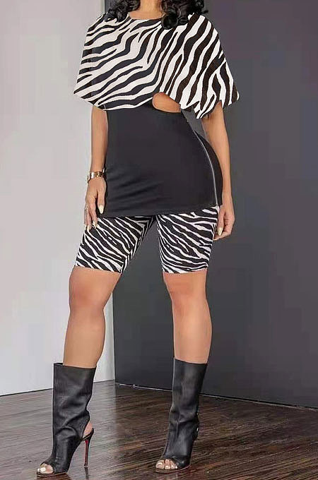 Black Trendy Stripe Printing Zipper Shorts Sets PY808-2