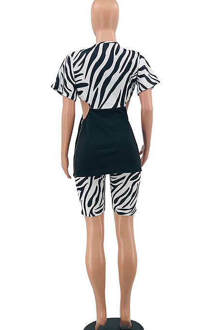 Black Trendy Stripe Printing Zipper Shorts Sets PY808-2