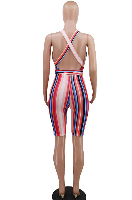 Colorful Stripe Stretch Print Bind Sports Sexy Jumpsuits CCY8435
