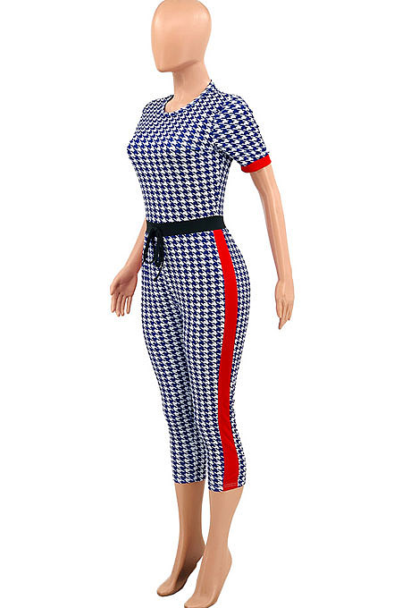 Blue Women Printing Broken Flower Spliced Bodycon Jumpsuits PY811-3