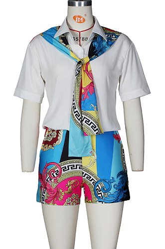 White Fashion Spliced Print Shirts Shorts Casual Sets ZS0390-1