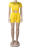 Pure Color Dew Waist Round Neck Short Sleeve Shorts Casual Sets KF272