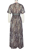 Brown Chiffon Leopard Print Waist Hollow Out Casual Long Dress ZS0398-1