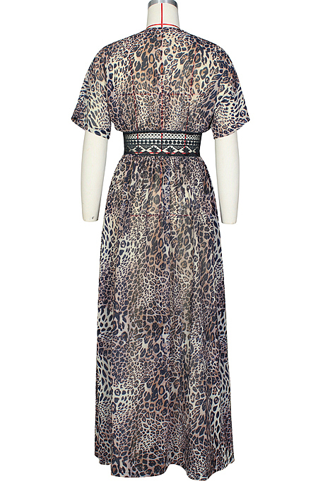 Brown Chiffon Leopard Print Waist Hollow Out Casual Long Dress ZS0398-1