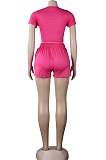 Pure Color Dew Waist Round Neck Short Sleeve Shorts Casual Sets KF272