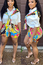 White Fashion Spliced Print Shirts Shorts Casual Sets ZS0390-1
