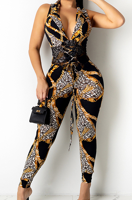 Gold Euramerican Fashion Chain Knotted Strap Bodycon Jumpsuits ZS0394-1