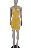 Yellow Women Stripe Printing Deep V Neck Fashion Cultivate One's Morality Mini Dress YBS6700-1