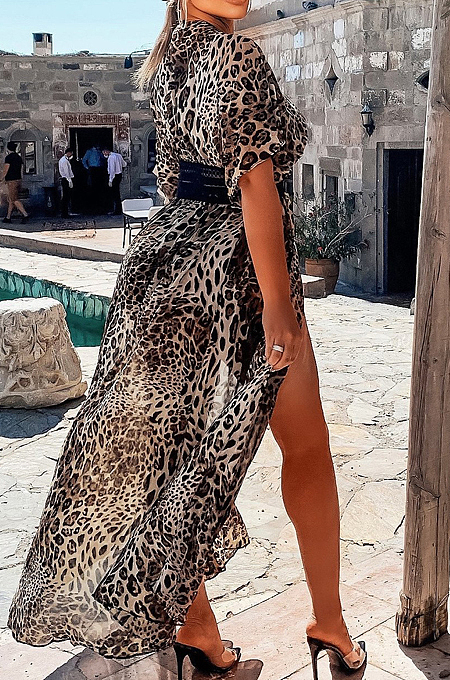 Brown Chiffon Leopard Print Waist Hollow Out Casual Long Dress ZS0398-1