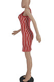 Red Women Stripe Printing Deep V Neck Fashion Cultivate One's Morality Mini Dress YBS6700-2