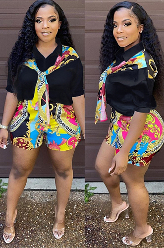 Black Fashion Spliced Print Shirts Shorts Casual Sets ZS0390-2