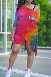 Red Tie Dye Print Inclined Shoulder Open Fork Loose Two Piece CYY00020-1
