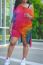 Red Tie Dye Print Inclined Shoulder Open Fork Loose Two Piece CYY00020-1