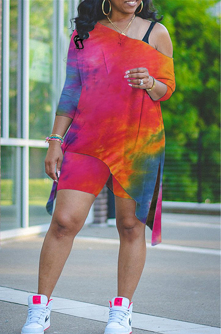 Red Tie Dye Print Inclined Shoulder Open Fork Loose Two Piece CYY00020-1