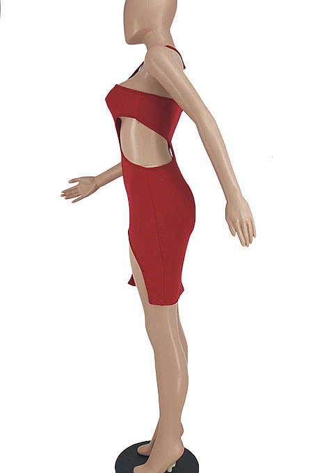 Red Pure Color Sexy Halter Neck Hollow Out Chest Wrap Tight Mini Dress YBS6705-1