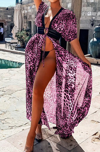 Rose Red Chiffon Leopard Print Waist Hollow Out Casual Long Dress ZS0398-3