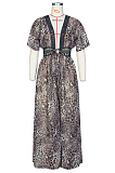 Brown Chiffon Leopard Print Waist Hollow Out Casual Long Dress ZS0398-1