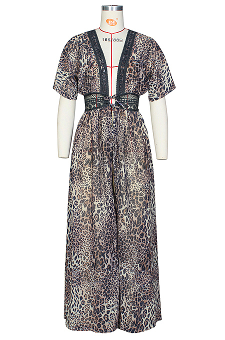 Brown Chiffon Leopard Print Waist Hollow Out Casual Long Dress ZS0398-1