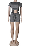 Pure Color Dew Waist Round Neck Short Sleeve Shorts Casual Sets KF272