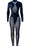Black Euramerican Women Pleuche Spliced Net Yarn Jumpsuits ZS0411-1