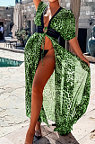 Green Chiffon Leopard Print Waist Hollow Out Casual Long Dress ZS0398-2