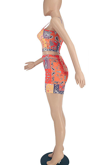 Colorful Orange Fashion Sexy Colorful Cashew Flowers Shorts Sets YBS6701-1