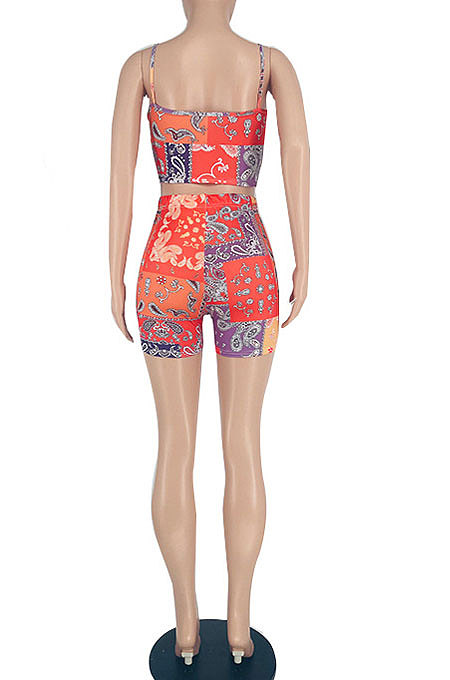 Colorful Orange Fashion Sexy Colorful Cashew Flowers Shorts Sets YBS6701-1