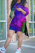 Purple Tie Dye Print Inclined Shoulder Open Fork Loose Two Piece CYY00020-3