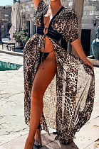 Brown Chiffon Leopard Print Waist Hollow Out Casual Long Dress ZS0398-1