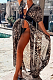 Brown Chiffon Leopard Print Waist Hollow Out Casual Long Dress ZS0398-1