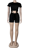 Pure Color Dew Waist Round Neck Short Sleeve Shorts Casual Sets KF272
