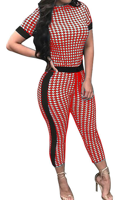 Red Women Printing Broken Flower Spliced Bodycon Jumpsuits PY811-1