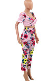 Sexy Women Fashion Stripe Printing V Meck Casual Short Sleeve Pants Sets PY813